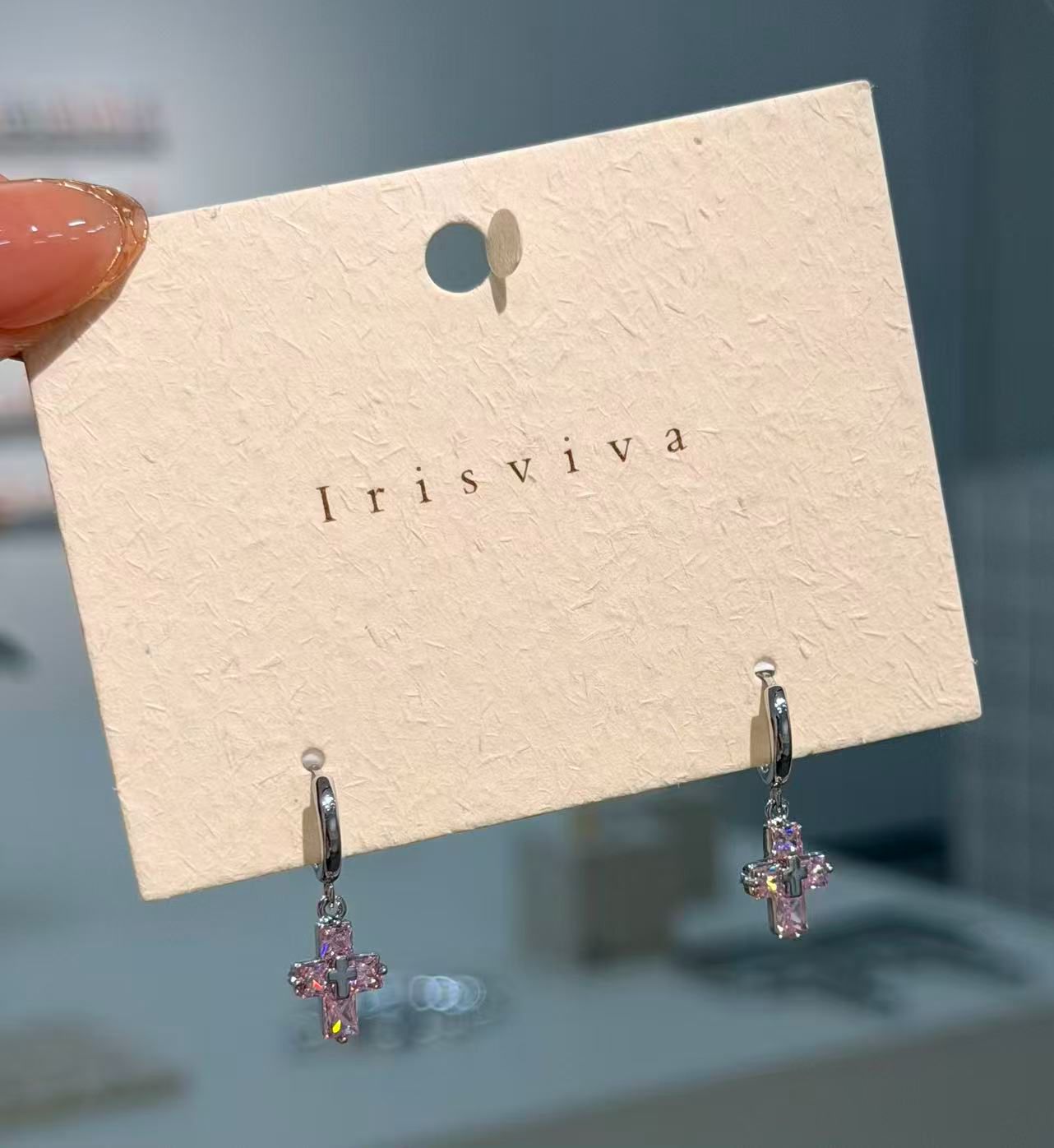Pink Crystal Cross Stud Earrings